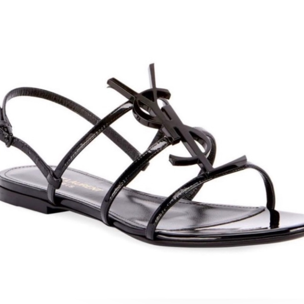 Saint Laurent Cassandra Flat Black Patent Logo Sandals sz 36